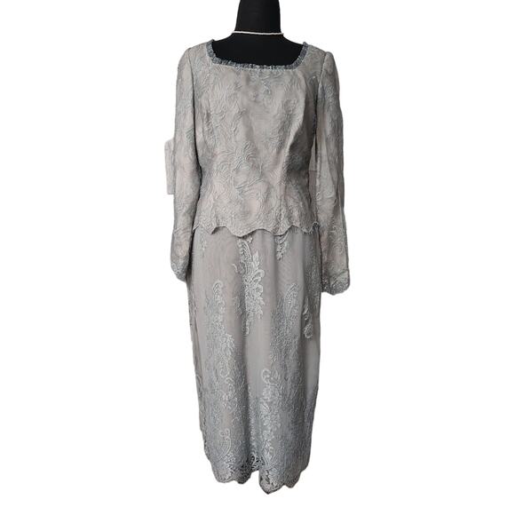 Anne Klein Women's Grey Lace Lined Short Top Long Skirt Sequins Size 8 Formal - Picture 1 of 15